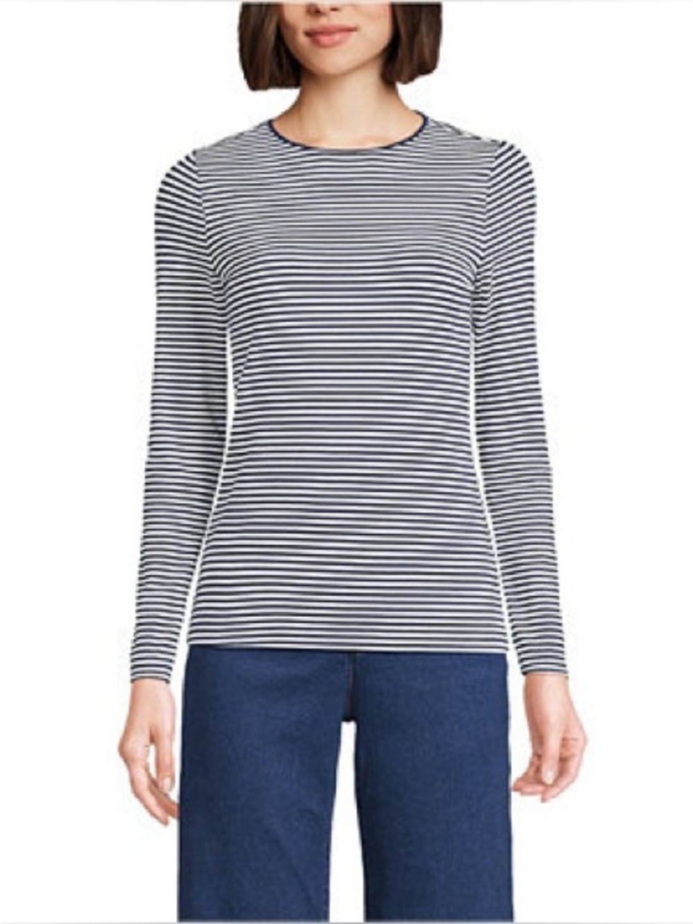 Lands' End women's long sleeve crewneck top navy and white thin striped pattern